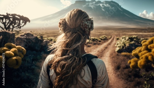 Woman hiking looking at Mountain, Kilimanjaro, Patagonia, generative ai
