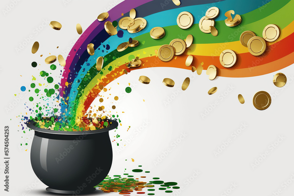 Generative AI cartoon of the pot of gold coins at the end of the rainbow concept for Happy St. Paddy's Day, Ireland's Lucky Charm, Leprechaun's Pot of Gold