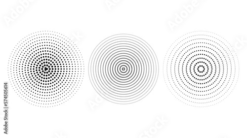 Concentric ripple circles set. Dotted sound wave rings collection. Epicentre, target, radar icon concept. Radial signal or vibration elements. Halftone vector 