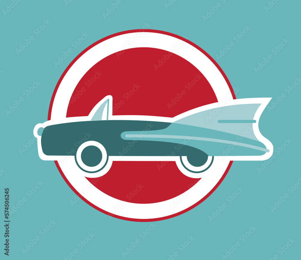 Retro 50's or 60's teal convertible car illustration, sign, or logo