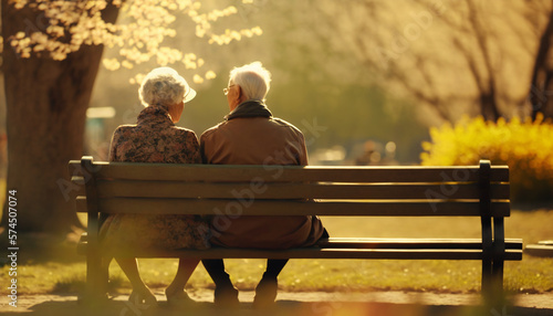 Image Generated Artificial Intelligence. Portrait of an elder couple enjoying sitting together  in a park bench photo