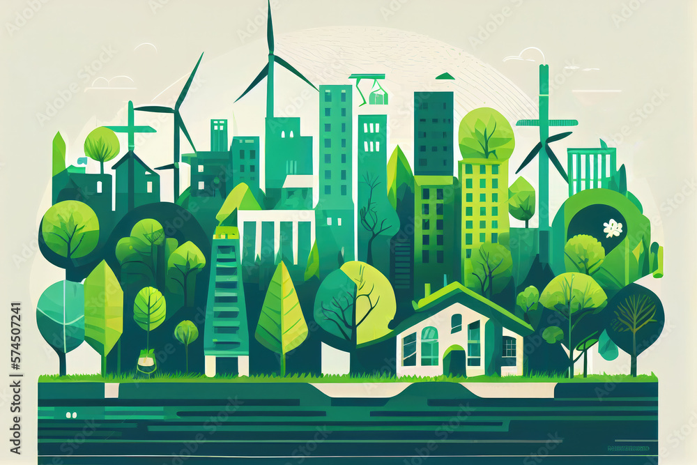 Green energy urban landscape ecology. flat design vector concept illustration.