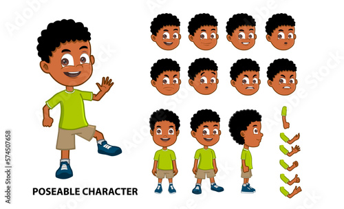 Boy posable character model sheet African American 