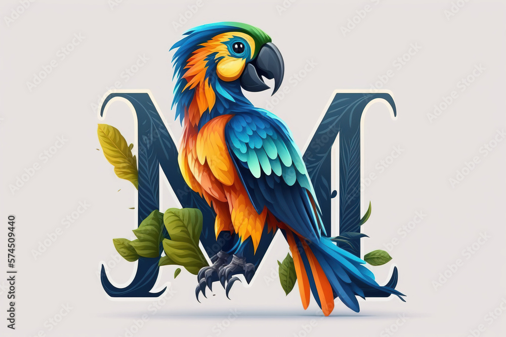 Fototapeta premium Macaw cute caracter and letter M logo. Generative AI ..
