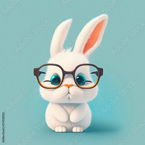 Funny white bunny with glasses. Cartoon style, soft pastel colors. Cute little rabbit with white fur and big blue eyes.