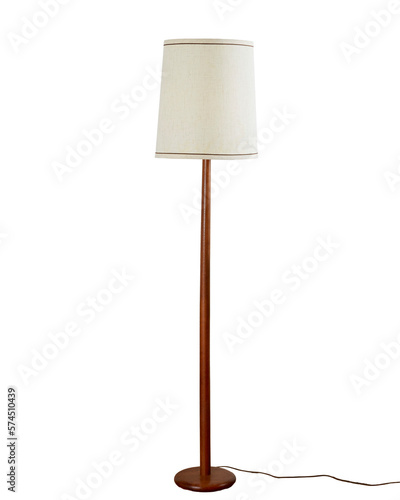 Mid-century modern solid teak wood lamp. Interior view of a vintage light with the original oatmeal lampshade. No background.