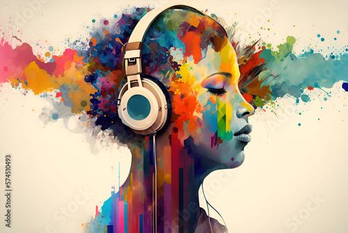 Creative music background. Colorful head wearing headphones on bright background. Sound inspiration and emotions. no identical face.
