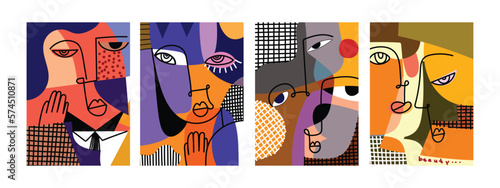 Set of abstract fine art vector portrait of people face illustration. Colorful, line, shapes, hand drawn design for wall art, poster, cover, cards and prints.