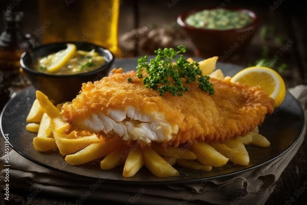 A classic British dish, fish and chips features deepfried haddock or