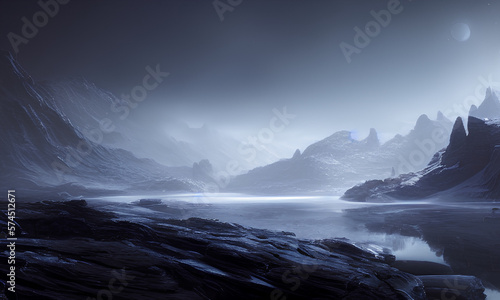 misty mountain landscape in another planet, galaxy, space, Generative AI