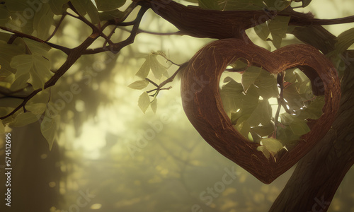 a heart shaped wood carving in the woods, forest, illustration, bathed in sunlights, nature, love, Generative AI