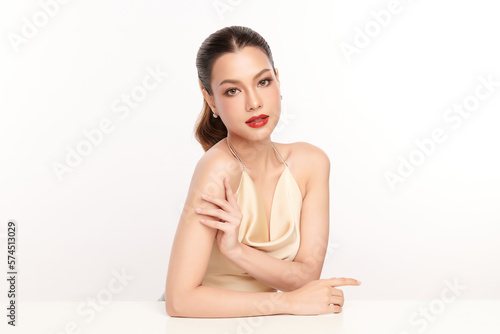 Beautiful young asian woman with clean fresh skin on white background, Face care, Facial treatment, Cosmetology, beauty and spa, Asian women portrait. © kitthanes