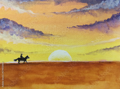 Watercolor painting cowboy and horse landscape countryside sunset in the field. 