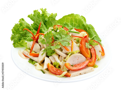 Thai cuisine spicy pork salad on wood background or Yum Moo Yor