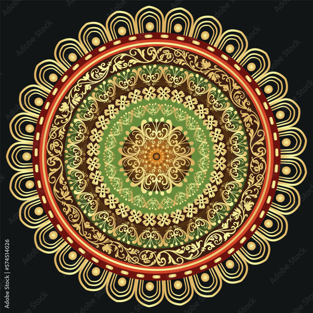 Vector vintage frame with lacy golden and colorful mandala on black