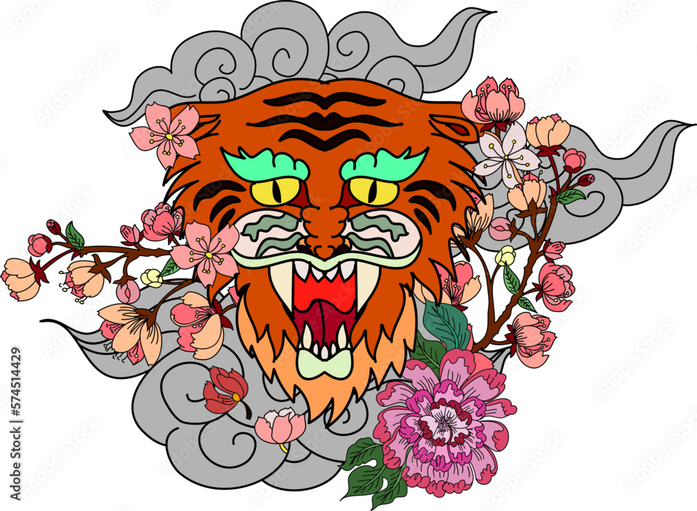 colorful traditional tattoo style Tiger face with cherry blossom and hibiscus flower on could and red rising sun background.Chinese Tiger roaring tattoo.Traditional Japanese culture for printing colorful traditional tattoo style Tiger face with cherry blossom and hibiscus flower on could and red rising sun background.Chinese Tiger roaring tattoo.Traditional Japanese culture for printing