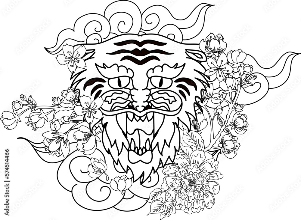 colorful traditional tattoo style Tiger face with cherry blossom and hibiscus flower on could and red rising sun background.Chinese Tiger roaring tattoo.Traditional Japanese culture for printing