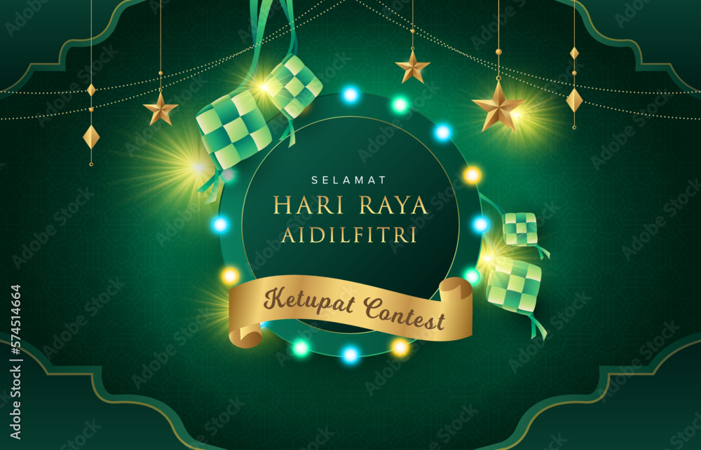 Hari Raya design with light bulb style on green Islamic background with gold ornament stars and