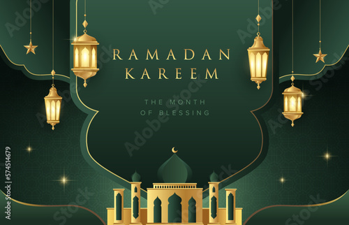 Ramadan Kareem design on green Islamic background with gold ornament star, mosque and lanterns. Suitable for raya and ramadan template concept