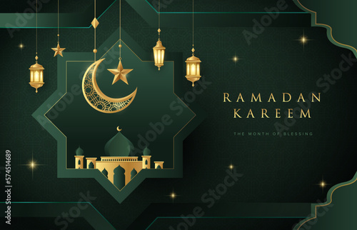 Ramadan Kareem design on green Islamic background with gold ornament star, moon, mosque and lanterns. Suitable for raya and ramadan template concept