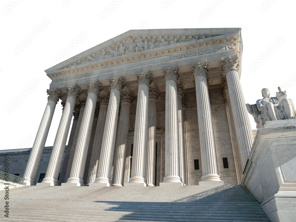 The United States Supreme Court building in Washington DC with cut out sky.
