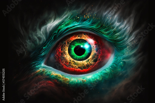 Green sci-fi fantasy eye with whole galaxy inside. Generative AI