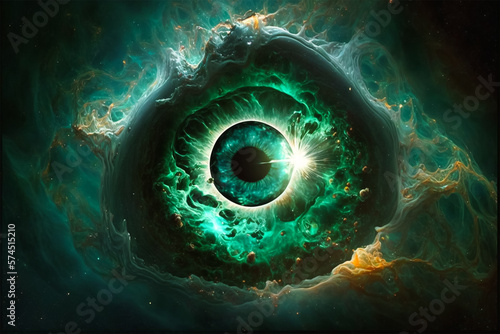 Green sci-fi fantasy eye with whole galaxy inside. Generative AI © Brijesh
