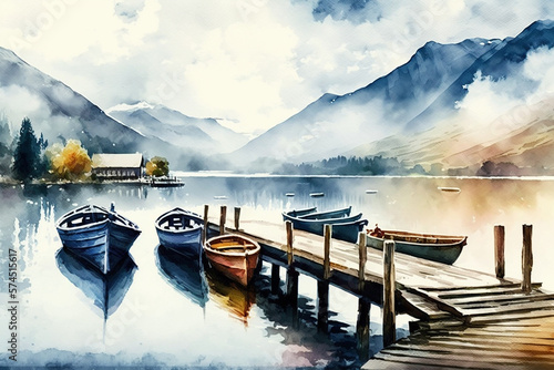 Fényképezés Digital watercolor painting of Panorama landscape rowing boats on lake with jett