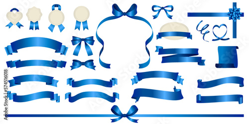 リボン フレーム デザイン _ ベクター 素材 セット 青 高級感 コピースペース あしらい