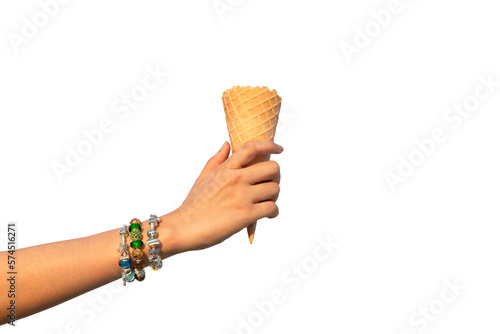 hand holding ice cream cone isolated on white