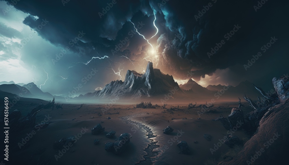 The Storm on the Alien Planet: Extraterrestrial Landscape, AI Generated