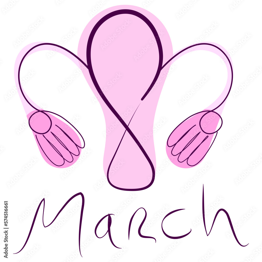 March 8 in the concept of the female uterus in one line with a pink silhouette. Treatment of female gynecological problems on International Women's Day. Stock vector illustration with editable stroke March 8 in the concept of the female uterus in one line with a pink silhouette. Treatment of female gynecological problems on International Women's Day. Stock vector illustration with editable stroke