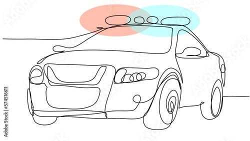 Police car with flashing flashing lights in one line on a white background. The concept of law and order, the prosecution of criminals and the implementation of laws. Stock vector illustration.
