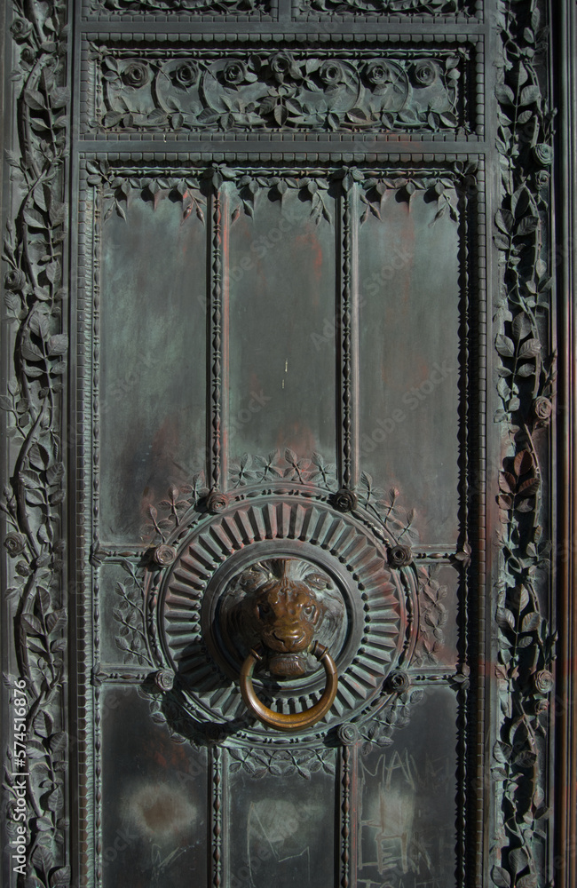 decorative patina metallic door with animal head knocker and leafy borders