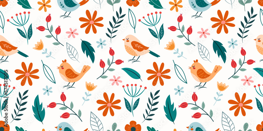 Cute seamless pattern with birds and flowers