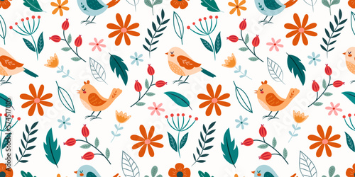 Cute seamless pattern with birds and flowers
