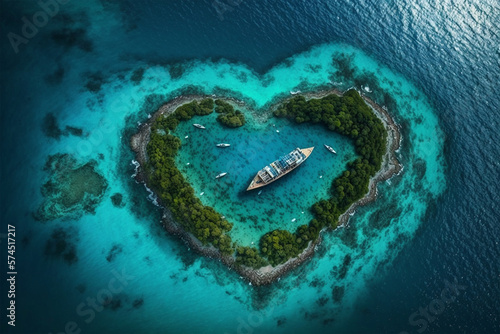 Love-Shaped Island in the Middle of the Blue Ocean, there is One Fast Boat on the Edge of the Island, Top View. 3D Illustration Rendering © DavidGalih | Dikomo.