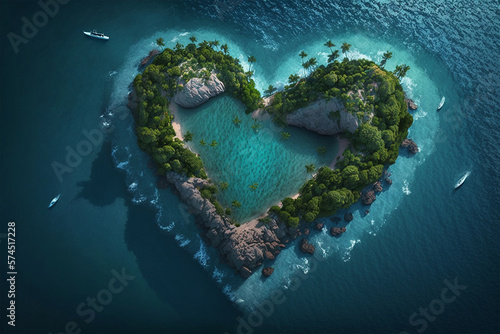Love-Shaped Island in the Middle of the Blue Ocean, there is One Fast Boat on the Edge of the Island, Top View. 3D Illustration Rendering
