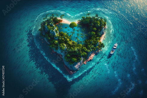 Love-Shaped Island in the Middle of the Blue Ocean, there is One Fast Boat on the Edge of the Island, Top View. 3D Illustration Rendering