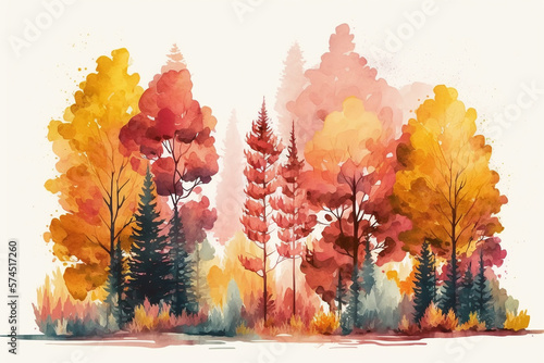Autumn forest landscape. Colorful watercolor painting of fall season. Red and yellow trees. Beautiful leaves, pine trees. Minimal elegant flat scenery. Artistic natural scenery. Vintage pastel colors