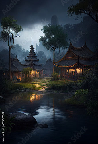 indonesian village at night with dark atmosphere and lightning