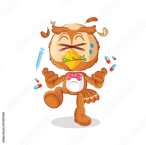 owl drug overdose. cartoon illustration