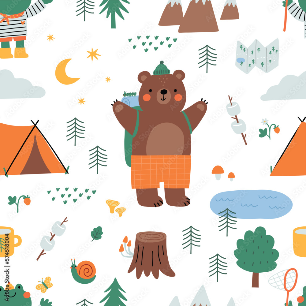 Cute cartoon Summer Camping. Adventure, tourist areas, camp and bear, fox, badger. Colorful vector outdoor seamless pattern in flat cartoon style.