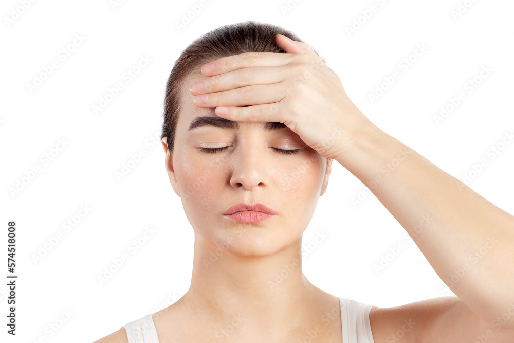 Woman has a headache or another pain. Close Up portrait white background isolated Woman has a headache or another pain. Close Up portrait white background isolated