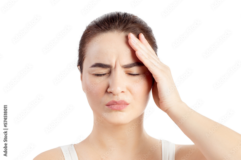Woman has a headache or another pain. Close Up portrait white background Woman has a headache or another pain. Close Up portrait white background