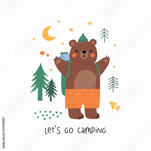 Cute cartoon Summer Camping. Adventure, tourist areas, camp and Bear. Colorful vector outdoor illustration in flat cartoon style.