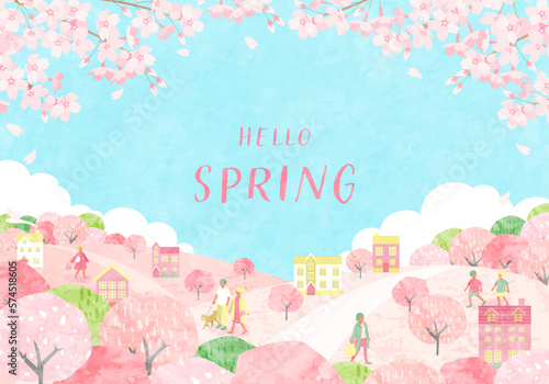 桜が咲く春の街並みと人々のベクターイラスト背景