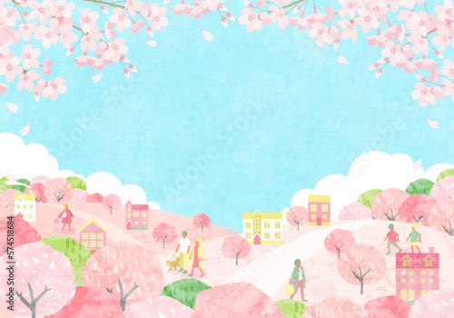 桜が咲く春の街並みと人々のベクターイラスト背景
