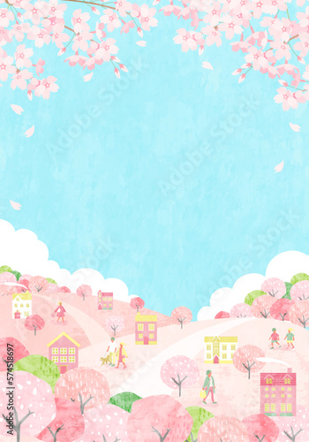 桜が咲く春の街並みと人々のベクターイラスト背景