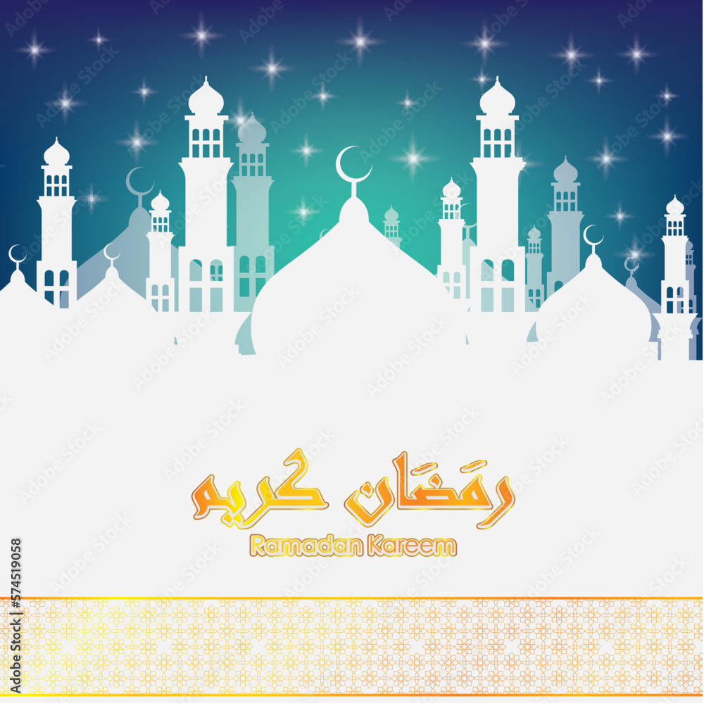 Ramadan Kareem with White Mosque, Gold Pattern and Night Sky Vector Illustration